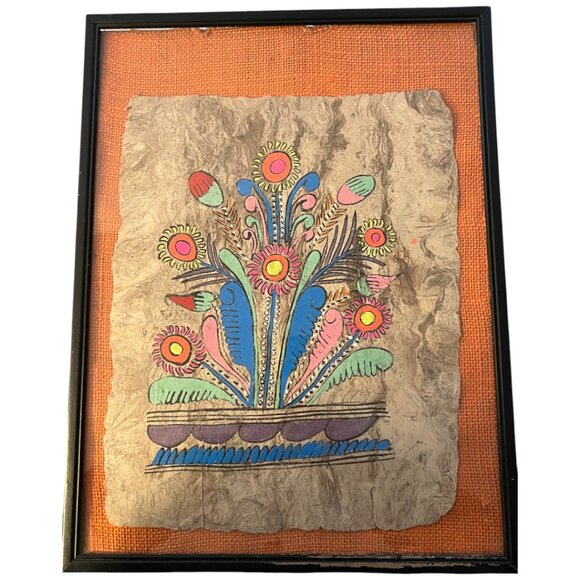 Vintage Mexican Amate Bark Painting – Floral Hand-Painted FOLK ART w/ Burlap Mat - Picture 14 of 16